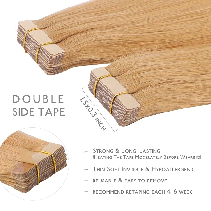 WENNALIFE Tape in Hair Extensions Human Hair, 20pcs 50g 16 inch Strawberry Blonde Remy Hair Extensions Straight Human Hair Tape in Extensions Skin Weft Tape Extensions Human Hair