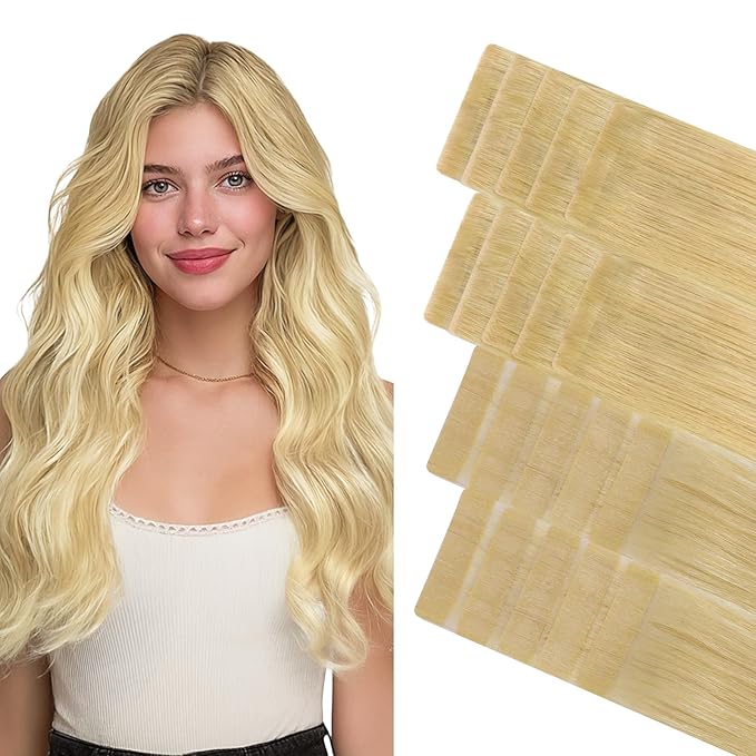 GOO GOO Invisi Edge Tape in Hair Extensions Human Hair, 18AT60A Pearl Ash Blonde Highlights10pcs injected with 10pcs classical tape ins, 16inch 50g, Virgin Remy Hair, Natural Look