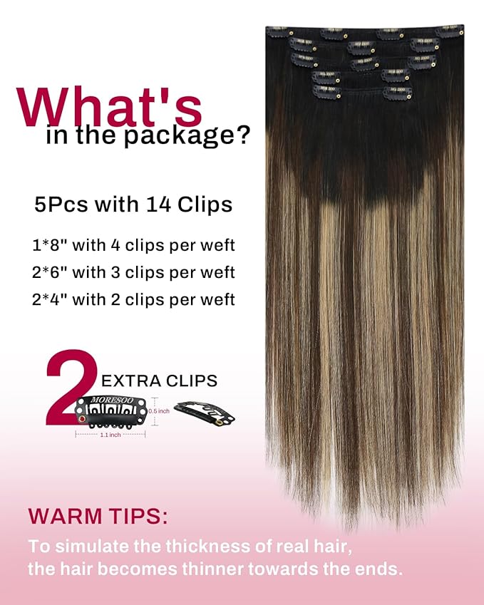 Moresoo Black to Blonde Ombre Clip in Hair Extensions Remy Human Hair Double Weft Short Human Hair Clip in Extensions Ombre Natural Black to Caramel Blonde with Brown 80g/5pcs 12 inch