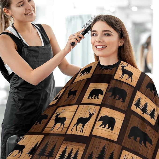 Salon Gown Cape Rustic Wood Bear Moose Pattern Haircut Gown, Full Coverage Haircut Hairdressing Cloth Apron for Hairstylists, Easy Clean