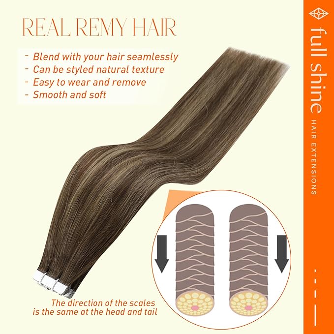 Full Shine Tape in Hair Extensions Human Hair 12Inch Invisible Hair Extensions 30G Tape in Remy Hair 4 Medium Brown Ombre 24 Blonde Highlight 4 Double Sided Tape Hair Extensions Real Human Hair 20Pcs