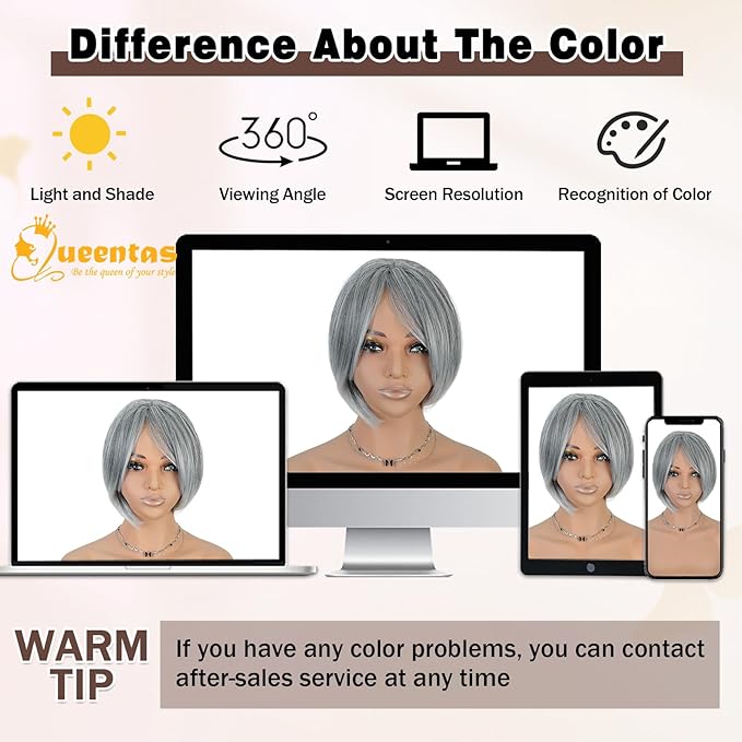 QUEENTAS Silver Hair Topper for Women with Thinning Hair Pieces 6"*6"Large Coverage 360°3D Cover Silver Synthetic Short Bob with 5 Clips in Wiglets(Gray with Black)