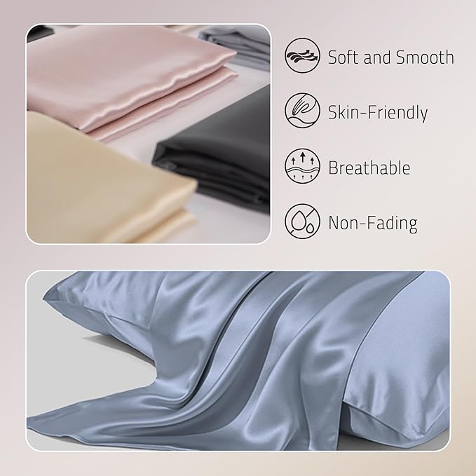 Mulberry Silk Pillow Cases Set of 2, Both Sides Real Silk Pillow Cover for Hair and Skin Cool Pillowcase Organic Silk Pillowcase 2 Pack with Hidden Zipper, Dusty Blue, Queen (20"×30")