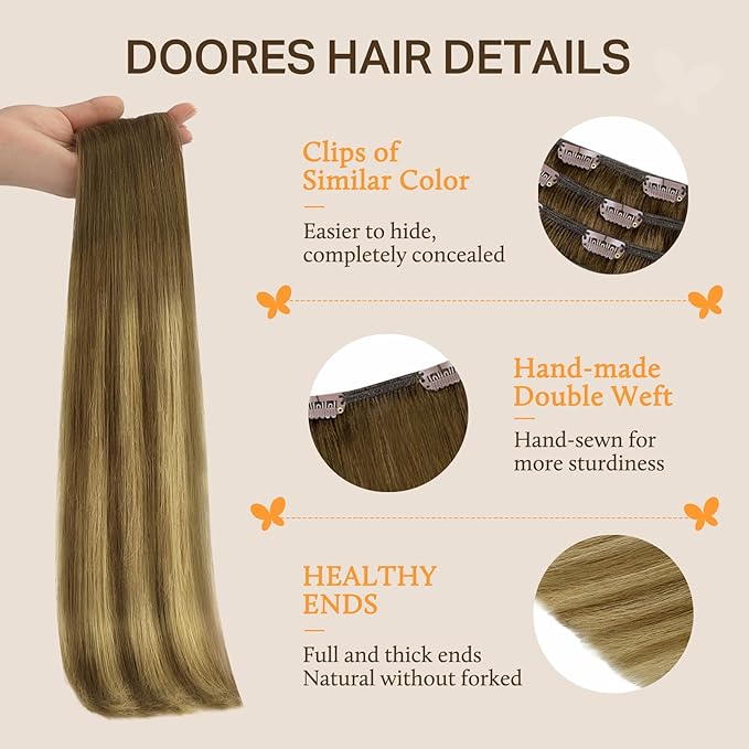 DOORES Hair Extensions Clip in Human Hair, Medium Brown Highlighted Dirty Blonde 16 Inch 150g 9pcs, Remy Human Hair Extensions Real Human Hair Straight Thick Extensions