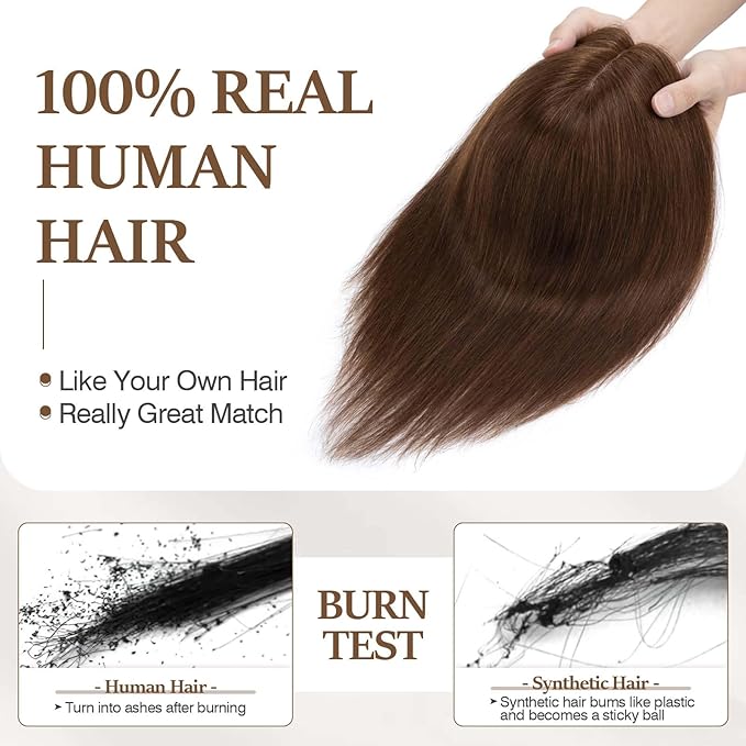 Rich Choices Hair Toppers for Women Real Human Hair 100% Human Remy Toppers NO Bangs for Women with Thinning on Top Clip in Hairpiece 4"x4.7"Lace Base 6 Inch #4 Medium Brown