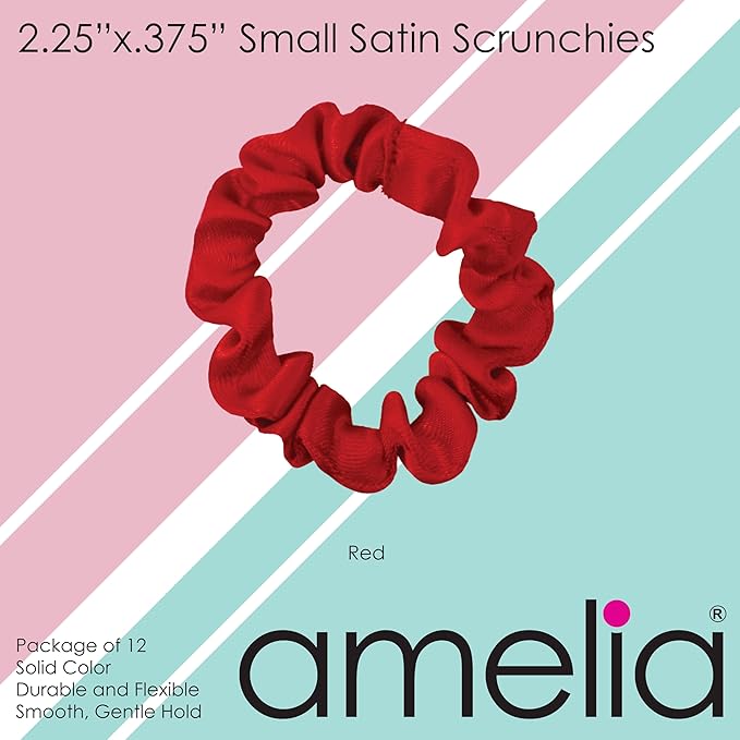 Amelia Beauty, Red Satin Small Scrunchies, 12-Pack – No Damage Hair Ties for Women, Gentle & Durable Hair Accessories, 2.5in x 0.5in