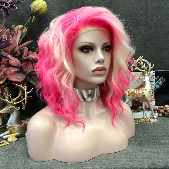 IMSTYLE Pink Blonde Lace Front Wigs Short Bob Wavy Wigs Synthetic Hair Wig Free Part with Natural Hairline Shoulder Length for Women (Blonde Pink)