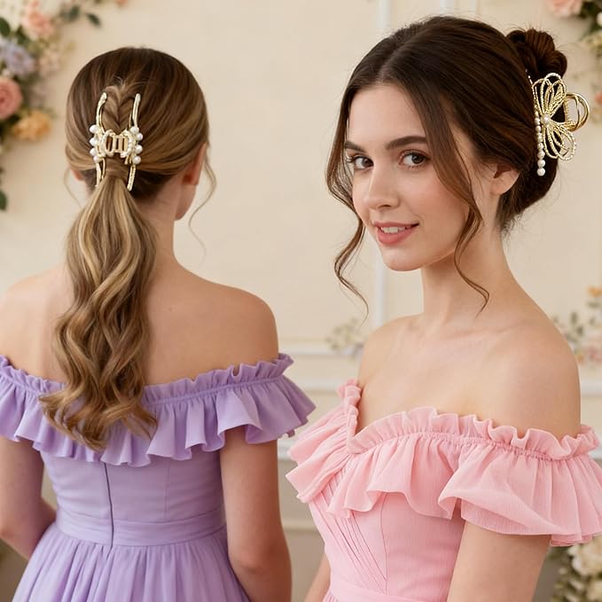 4Pcs Large Metal Hair Claw Clips with Rhinestones & Pearls, Non-Slip Waves-butterflies-leaves-bowknot Hair Clips for Thin and Thick Hair, Gold Sparkly Strong Hold Hair Claws for Women