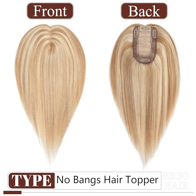 SEGO Real Human Hair Topper for Women without Bangs, Hair Topper with Anti-Slip Clips (14 Inches Golden Brown Mix Bleach Blonde)