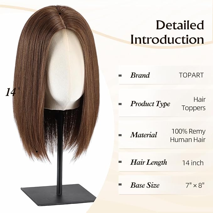 MONO TOP Hair Toppers for Women Human Hair 12 Inch 7"×8" Big Base Partial wig Cover Thinning Hair or Loss No Bangs Top Hair Pieces Natural Wiglets (Brown)