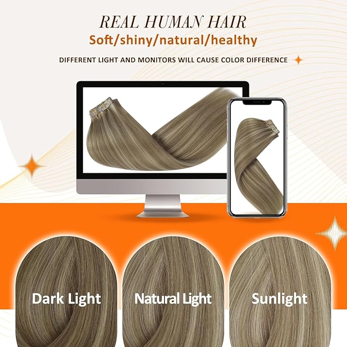Full Shine Clip in Hair Extensions Human Hair Dark Blonde Mix Light Blonde Seamless Hair Extension Clip ins PU Weft for Women 20 Inch 8 PCS 120 Grams