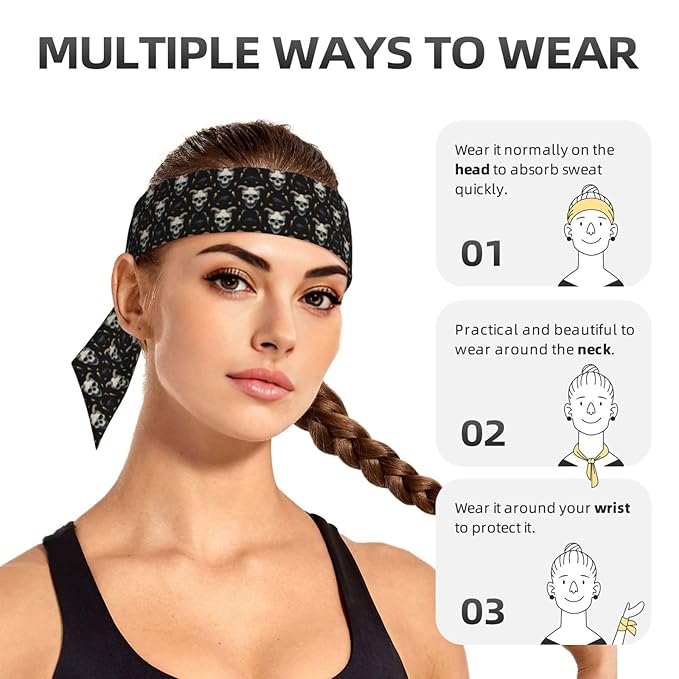 Boys Girls Sports Sweat Bands, Boho Style Long Head Band for Yoga Travel Spa, Cool Goth Raven Skull Goat Headdress Hair Accessories