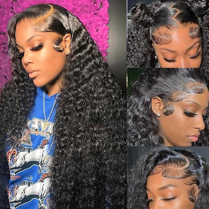30 Inch Deep Wave Lace Front Wigs Human Hair Pre Plucked 200% Density 13x6 HD Lace Frontal Wigs with Baby Hair Deep Curly Wet and Wavy Glueless Wigs for Women (Natural Black, 30 Inch)