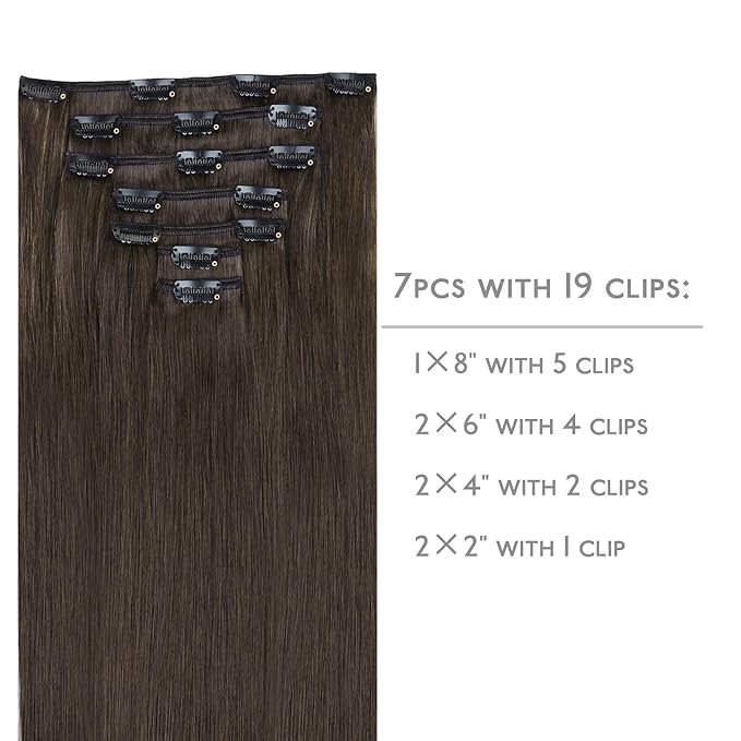 WENNALIFE Clip in Hair Extensions Real Human Hair, 16 Inch 120g 7pcs Human Hair Extensions Clip In Human Hair, Cool Dark Brown Clip In Real Hair Coloured Remy Human