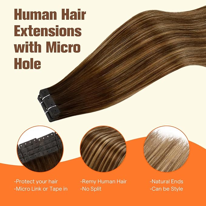 Full Shine Human Hair Tape in with Holes Color Medium Brown to Blonde and Medium Brown Seamless Tape in Hair Extensions Invisible PU Tape in Extensions Remy Hair Seamless 20INCH 20PCS 50G