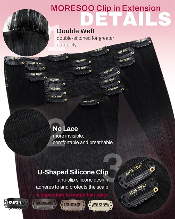 Moresoo Ombre Black to Red Hair Extensions Clip ins Long Natural Black to Burgundy Clip in Hair Extensions Red Double Weft 120g/7pcs 18 inch