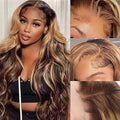 210% Density 13x6 Highlight Ombre Full Lace Frontal Wigs Human Hair 12A Body Wave Brazilian Human Hair Pre Plucked 4/27 Honey Blonde HD Glueless Transparent Lace with Baby Hair 28 Inch