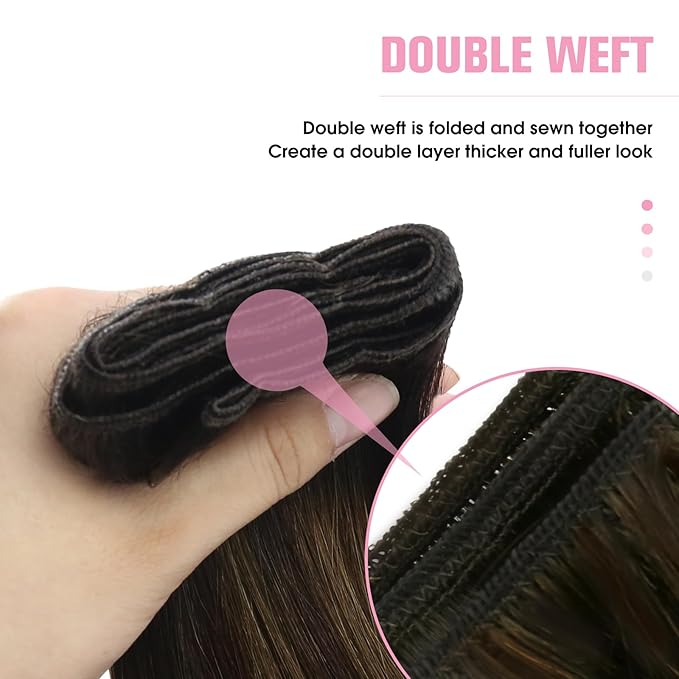 YoungSee 24Inch Sew in Hair Extensions Real Human Hair Brown Weft Hair Extensions Balayage Sew in Bundles Human Hair Dark Brown Mix Medium Brown Highlights 100G