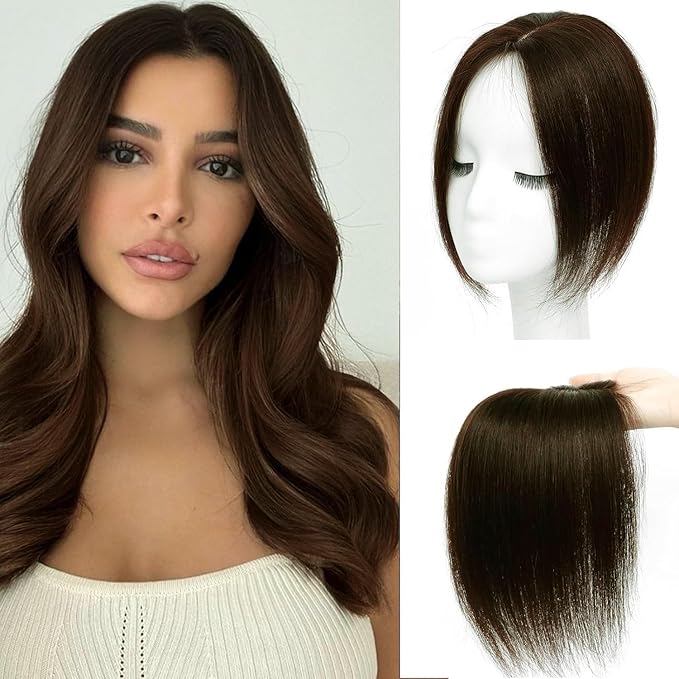 Amchoice Hair Toppers for Women Real Human Hair, Bangs Hair Clip 360° 3D Cover Bangs, Human Hair Toppers for Women Daily(Medium Brown, 3D Side Bangss (5 * 9))