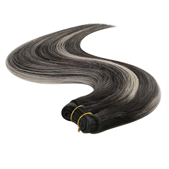 YoungSee Weft Hair Extensions Black Roots to Silver Mix Black Human Hair Weft Extensions Balayage Sew in Bundles Human Hair Long Straight Hair 22Inch 100G