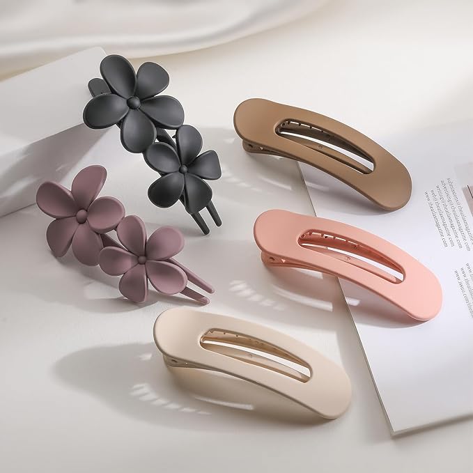 5 Pcs Flat Hair Clips, Medium Lay Flat Claw Clips for Women Girls,2 Styles Strong Hold Non-slip Matte Hair Claws for Thick Thin Hair(Brown&Purple)