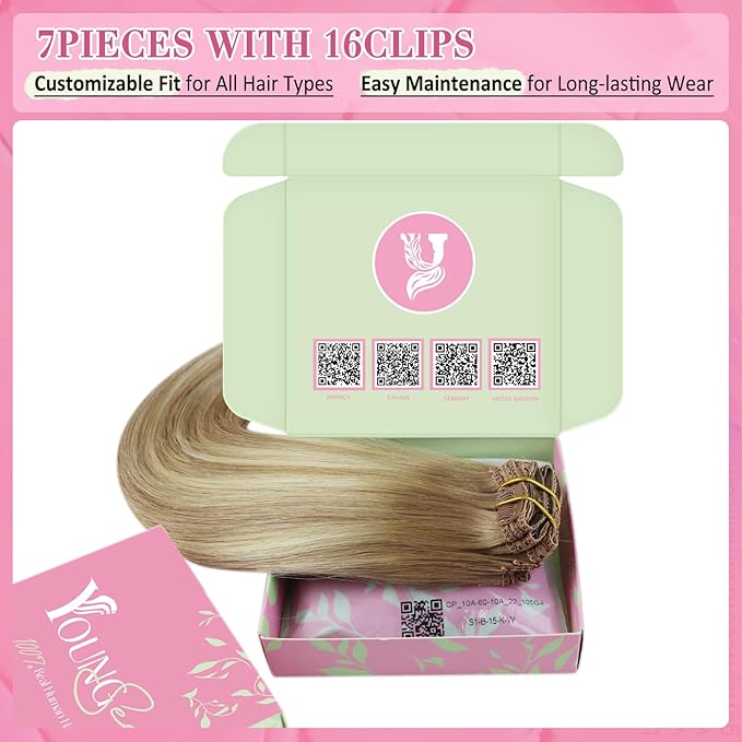 YoungSee 24inch Clip in Hair Extensions Real Human Hair Golden Brown with Blonde Balayage Clip in Hair Extensions Long Straight Human Hair Clip in Extensions for Woman 120g