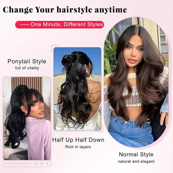ALXNAN Long Wavy Layered Hair Extensions for Women, Clip in Hair Extensions Clip Ins Soft Full Head Synthetic Hairpieces 16 Inch Dark Brown