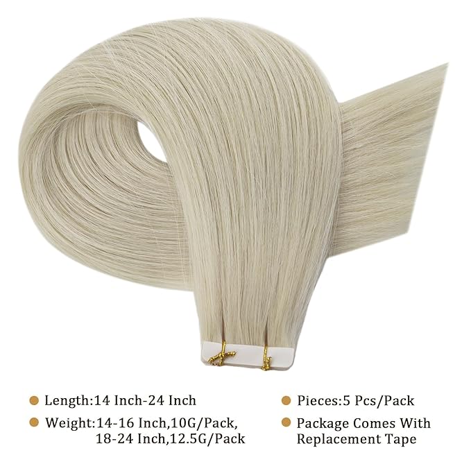 Full Shine Blonde Virgin Injected Tape in Hair Extensions 5Pcs Color 1000 Ice Blonde Seamless Skin Weft Machine Remy Tape in Extensions 24 Inch Hair Extensions Real Human Hair 12.5 Gram for Women