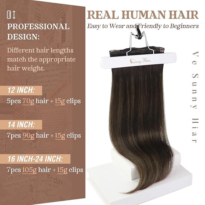 Ve Sunny Clip in Hair Extensions Real Human Hair 20inch Human Hair Clip in Extensions Dark Brown with Medium Brown Remy Hair Extensions Clip ins for Women 120g