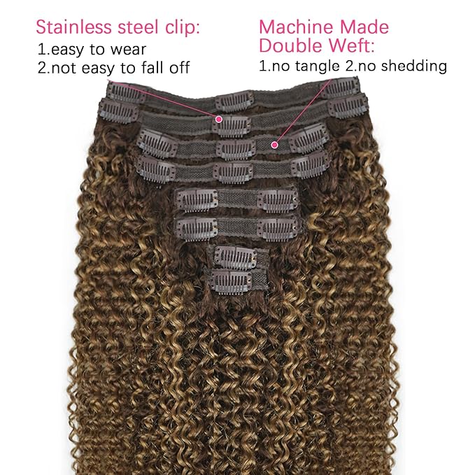 Kinky Curly Clip in Hair Extensions Real Human Hair 4/27/4 Omber Kinky Curly Clip ins For Women 3c 4a Brazilian Virgin Clip on Hair (26inch,#4/27/4)