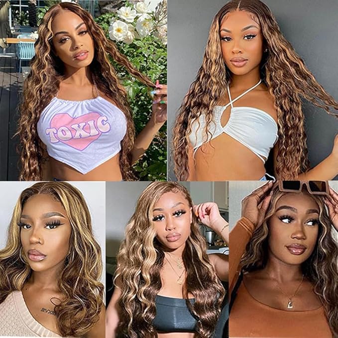 Highlight Bundles Human Hair P4/613 Deep Wave Bundle 22 24 26 Inch Niegmeag Brazilian Virgin Remy Hair Extensions Double Weft 2 Tone Brown and Blonde Bundles 300g