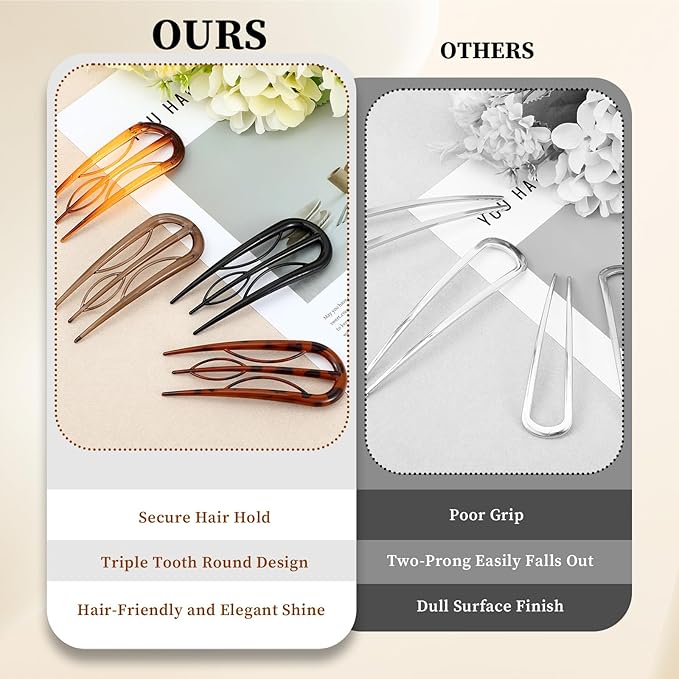 4 Pcs Hairpins Hair for Women Fine Thin Hairs, Large Styling Pins for Thin Thick Hairs, Prestige French Twist Hair Pin, Plastic French Twist Pin with 3 Inner Teeth Design for Women