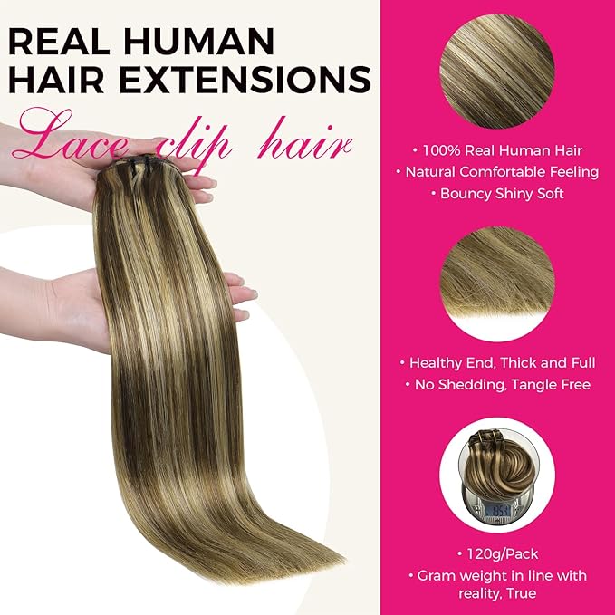 Lashey Human Hair Extensions Real Clip ins 22 Inch 120g 7pcs Long Straight Hair Balayage Ash Brown to Honey Blonde Clip in Hair Extensions Soft Hair Extensions