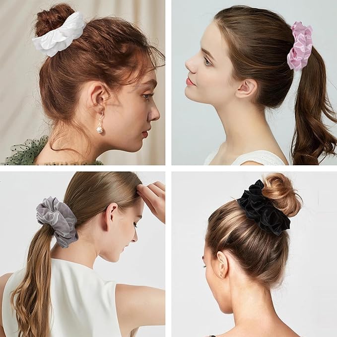 4PCS Big Satin Silk Scrunchies for Women Thick Hair, 6.3Inches Extra Large Scrunchy Oversized Thick Elastic Hair Ties Bands Ponytail Holders Jumbo Scrunchies (Black White Pink Silvergray)