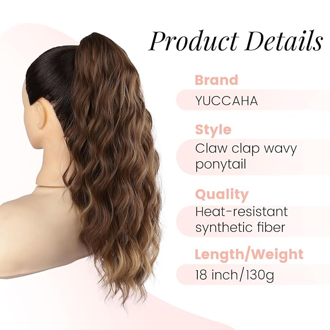 18" Ponytail Extension, Claw Clip Ponytail Extensions for Women Wavy Pony Tails Hair Extensions Fluffy Natural Looking Synthetic Hairpiece for Daily Use (Light Brown Mixed Honey Gold)