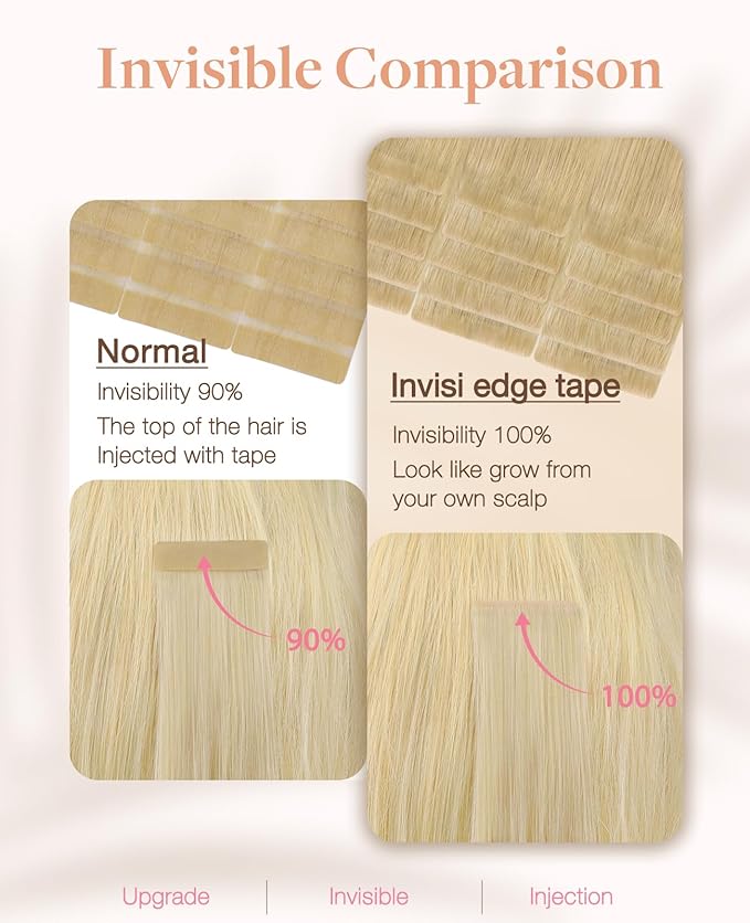 GOO GOO Invisi Edge Tape in Hair Extensions Human Hair, 18AT60A Pearl Ash Blonde Highlights, 10pcs 20inch 30g, Virgin Remy Hair, Seamless Injected Tape, Natural Look