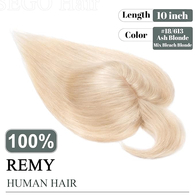 SEGO Hair Toppers for Women Real Human Hair with Thinning, with Front Bangs Clip in Toppers Straight 150% Density Silk Base -10 Inch #18/613 Ash Blonde Mix Bleach Blonde