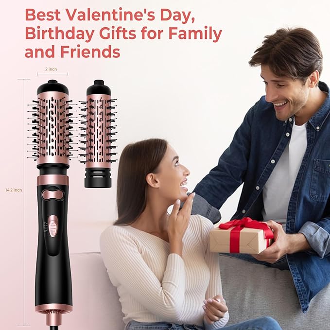 Hair Dryer Brush, 3-in-1 Rotating Round Hot Air Spin Brush Set with 2 Brushes (2" & 1.5"), Negative Ionic Blow Volumizer, 2 Detachable Auto-Rotating Curling Brush 100-120V