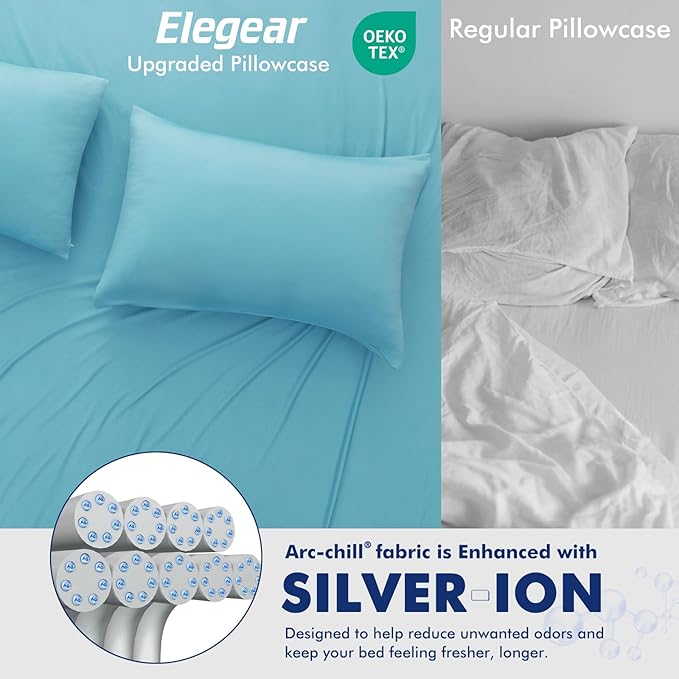 Elegear Cooling Pillow Cases for Hot Sleepers, Clean Fabric Silver Infused Cooling Pillowcase Q-Max>0.5, Soft Pillow Cases for Hair & Skin, Zipper Pillow Cases Set of 2 Blue (Queen, 20'' x 30'')