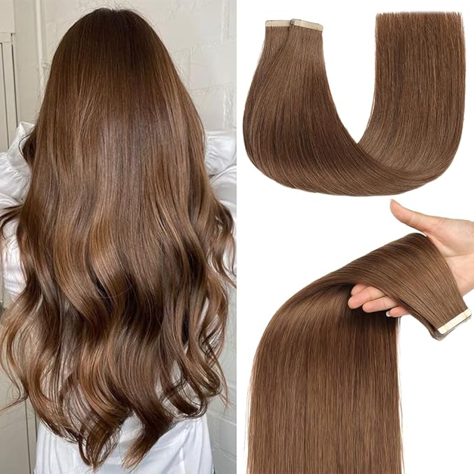 Tape Ins Human Hair 20pcs 20 Inches Hair Extensions Tape Ins for White Women Invisible Seamless Human Hair Tape In Extensions Skin Weft Medium Brown (6#)