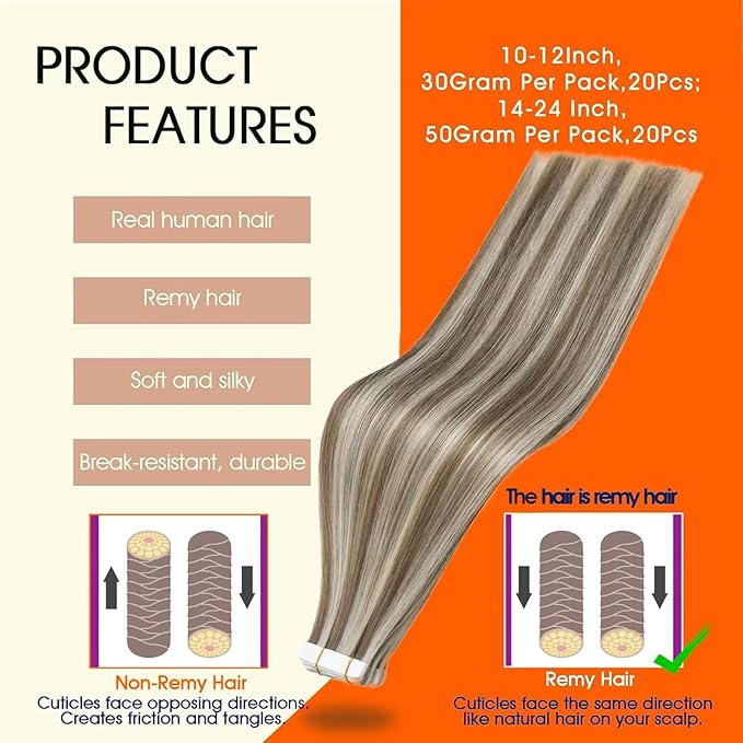 Full Shine Tape in Blonde Hair Extensions Tape in Extensions Human Hair Color 8 Ash Brown Highlighted 60 Platinum Blonde Seamless Hair Extensions Tape ins 50G Straight Remy Hair for Women 20Inch 20Pcs