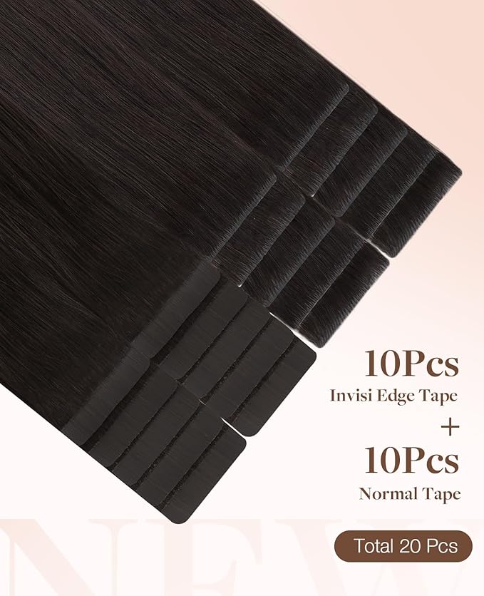 GOO GOO Invisi Edge Tape in Hair Extensions Human Hair, 2 Dark Brown 10pcs injected with 10pcs classical tape ins, 18inch 50g, Virgin Remy Hair, Natural Look