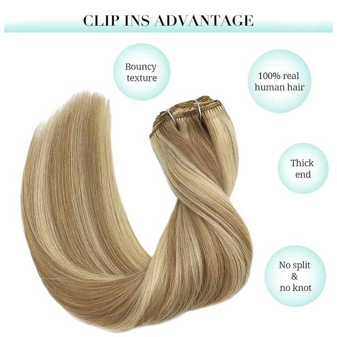 DOORES Human Hair Extensions Clip in, 5pcs 75g Balayage Light Blonde Highlighted Golden Blonde 16 Inch Clip in Hair Extensions Natural Hair Extensions Straight