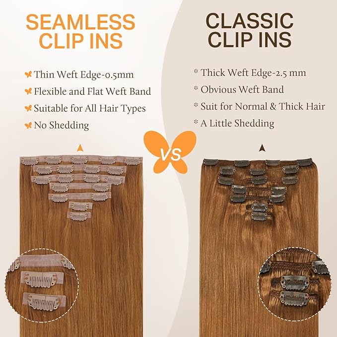 DOORES Seamless Clip in Hair Extensions - Medium Auburn, 22 Inch, 150g, 7pcs - Invisi Edge, Human Hair, Natural, Straight, Long