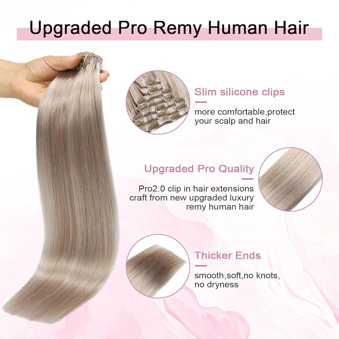 Pro2.0 Remy Clip in Extensions Real Human Hair Color #18p1000 Ash Blonde with Bleach Blonde Remy Clip in Hair Extensions Real Human Hair 18inch 120g Thick 7pcs Double Weft（#18P1000-18inch）