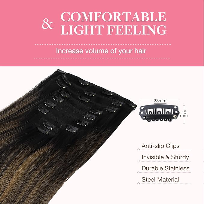 GOO GOO Clip in Hair Extensions Real Human Hair, Remy Human Hair Extensions Clip ins for Women, Natural Human Hair, 16inch 150g 9Pcs, 1B/6/1B Balayage Natural Black to Chestnut Brown