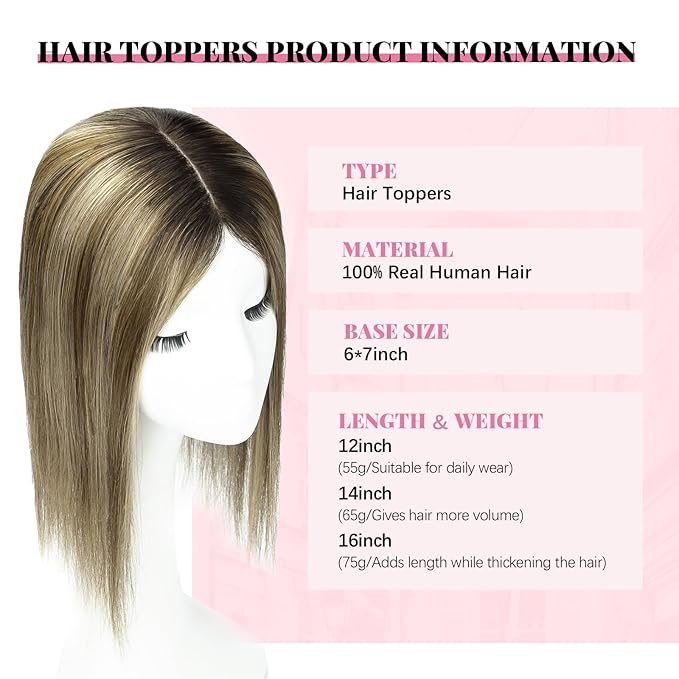 Hair Toppers for Women Real Human Hair, Natural Black Ombre Dark Brown Mix Blonde Topper Add Volume 12inch Hair Pieces for Women with Thinning 55g 6x7inch Base (#1B/4/27Toppers-12inch)