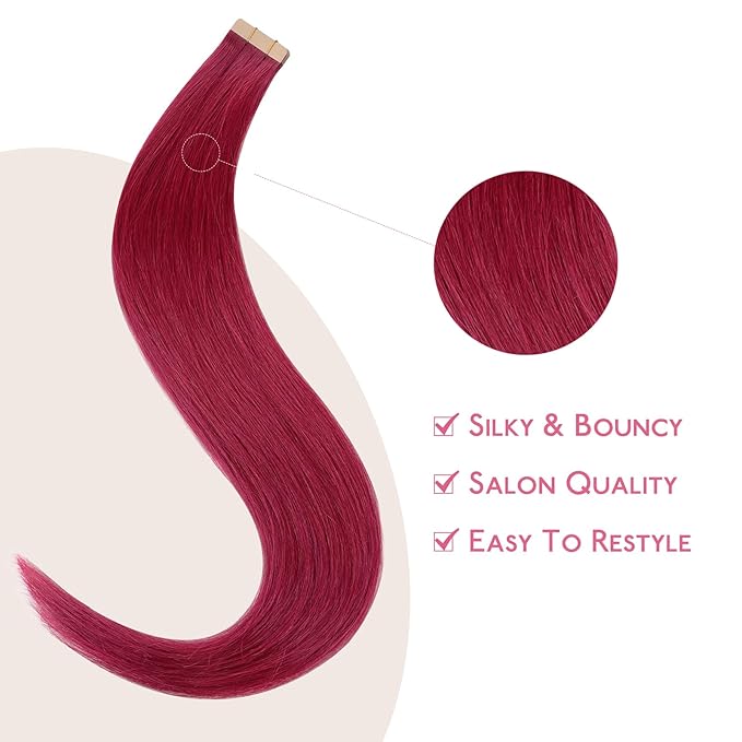 WENNALIFE Tape in Hair Extensions Human Hair Burgundy Red Tape in Extensions, 10pcs 30g 22 inch Remy Invisible Tape Ins Straight Colored Soft Real Human Hair Tape in Extensions Refill Set Extensions