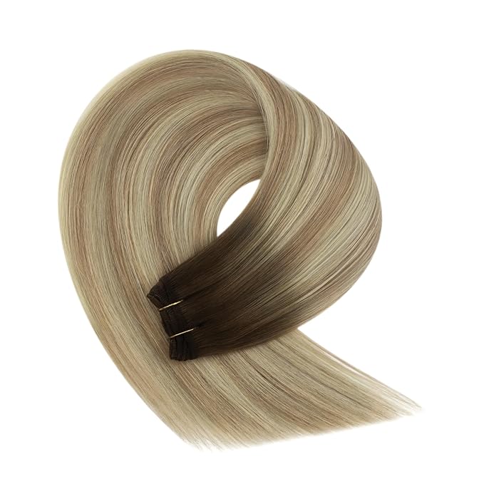 YoungSee Weft Hair Extensions Human Hair Brown Ombre Human Hair Sew in Extensions Walnut Roots to Light Brown with Blonde Balayage Weft Hair Extensions for Full Head 16Inch 100G