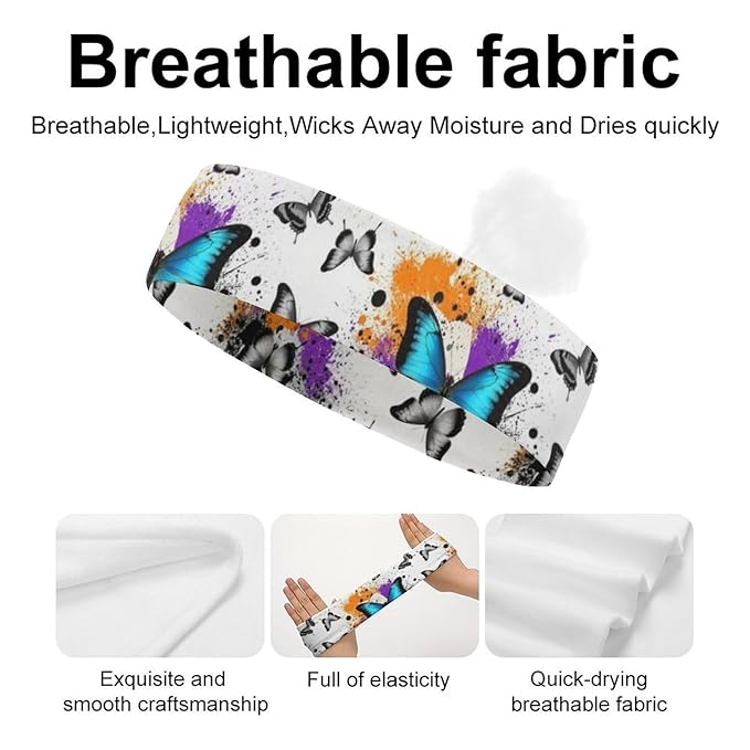 Headbands for Men Women Non Silp Sweatband or Running, Cycling, Basketball, Tennis, Yoga Fitness Hairband for Unisex (Butterfies Watercolor Splashes Butterfly)